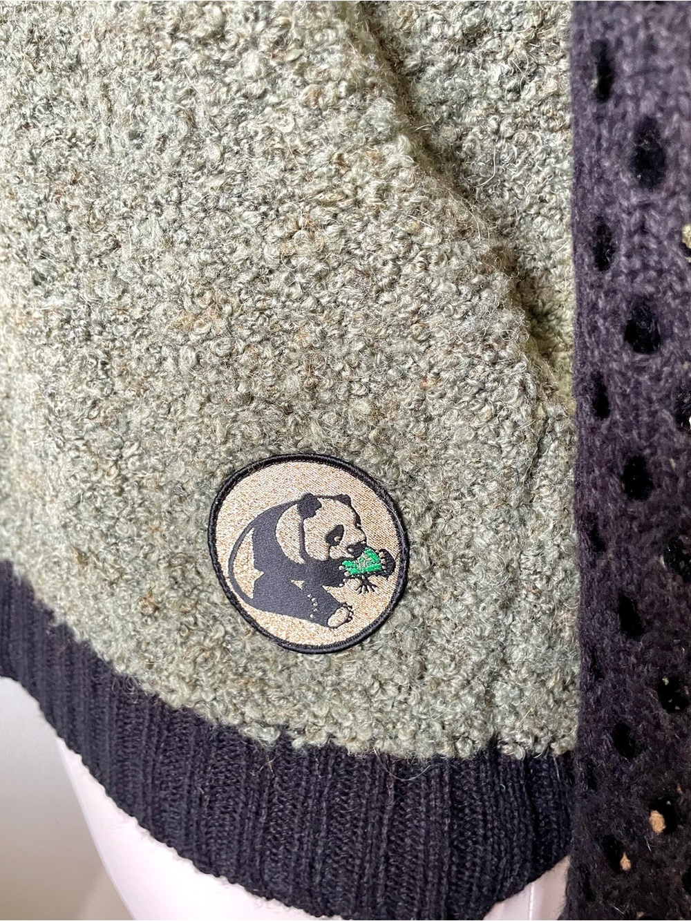 Lrg Lambswool Blend Sweater Olive Black Panda Patch Crochet Sleeve Small Skate View 6